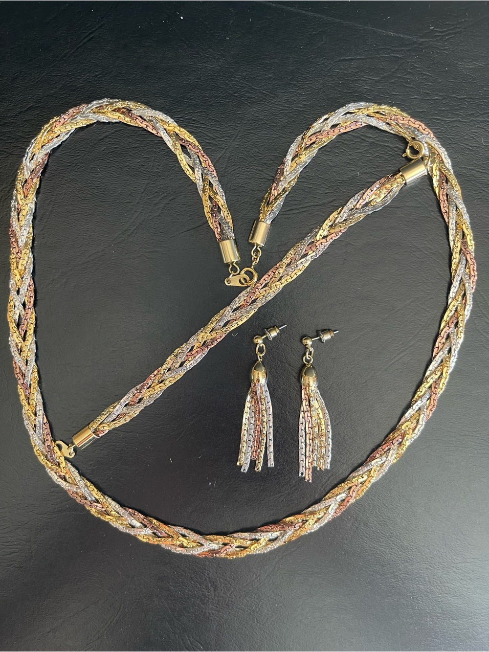 Tri-Tone Braided Necklace, bracelet and Tassel Earring Set.